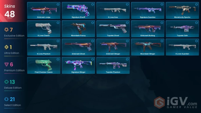 NA / 48 SKins / 5 Knives / Protocol / Sovereign / Oni / Ion / Arcane / Onimaru / 9 Lives / Tilde / Topotek / Bound / Gridcrash XB27