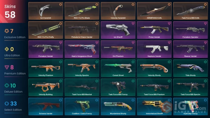 EU / 58 Skins / 6 Knives / Oni / Prelude / Reaver / Prime / Forsaken / Xerofang / Gaia's vengeance / Neptune / Velocity XB3