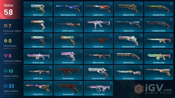 EU / 58 Skins / 6 Knives / Oni / Prelude / Reaver / Prime / Forsaken / Xerofang / Gaia's vengeance / Neptune / Velocity XB3