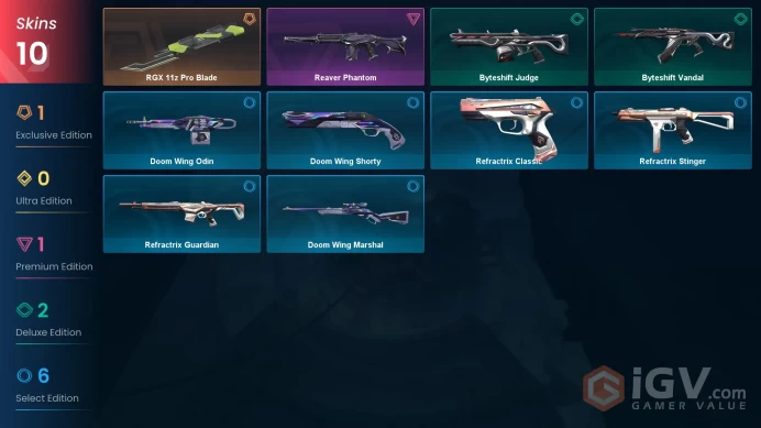NA / 10 Skins / 1 Knife / Reaver / RGZ11z / Refactrix / Doom Wing / Byteshift XB21