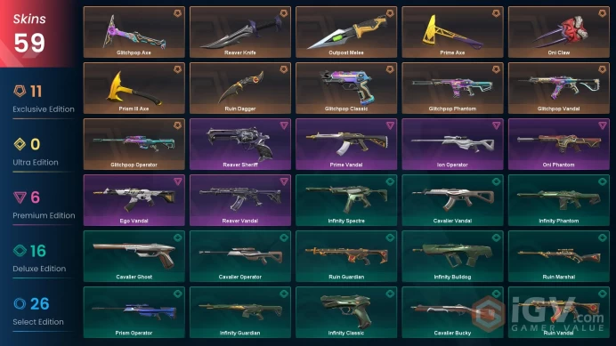 EU / Skins 59 / 7 Knives / Oni / Glitchpop / Reaver / Prime / Glitchpop / Ion / Infinity / Ego / Polyfrog / Outpost / Prism lll XB8