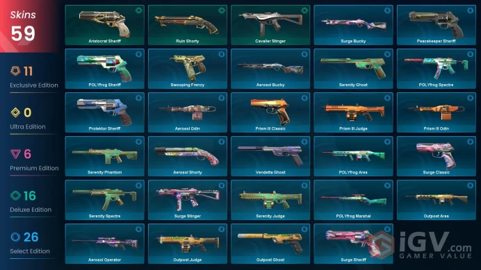 EU / Skins 59 / 7 Knives / Oni / Glitchpop / Reaver / Prime / Glitchpop / Ion / Infinity / Ego / Polyfrog / Outpost / Prism lll XB8