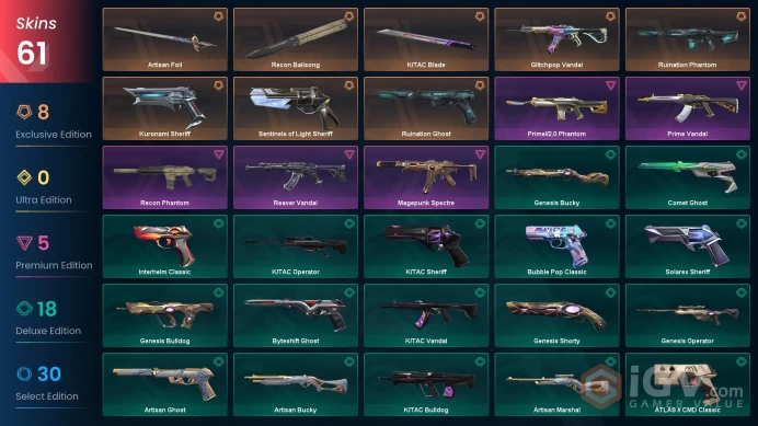EU / 61 Skins / 3 Knives / Prime / Magepunk / Recon / Glitchpop / Kuronami / Ruination / Reaver / Sentinels of light / Artisan XB6