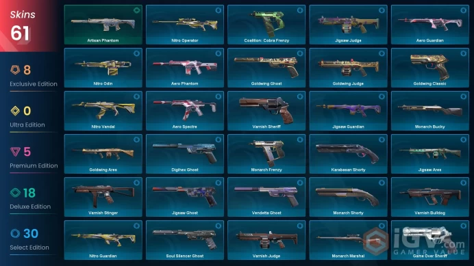 EU / 61 Skins / 3 Knives / Prime / Magepunk / Recon / Glitchpop / Kuronami / Ruination / Reaver / Sentinels of light / Artisan XB6