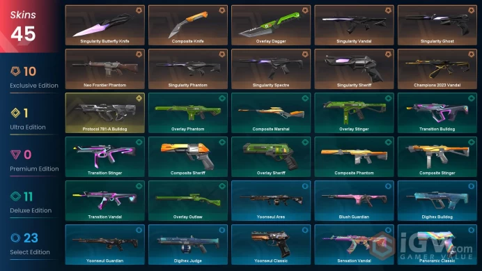 NA+45 skins+28000VP+Bronze 1+Champions 2023 Vandal+Protocol 781-A Bulldog+Composite Knife+Singularity Butterfly Knife