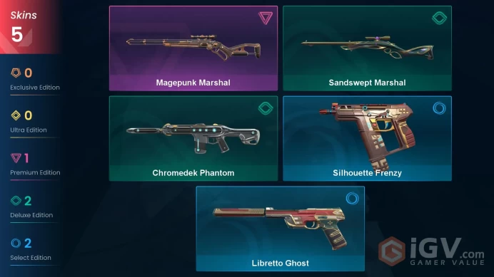 | AP | 5 SKINS | VALUE: 3050 VP | Magepunk Marshal | Chromedek Phantom | RANKED READY | 23 LEVEL | INSTANT DELIVERY | FULL ACCESS | FbHM9 |