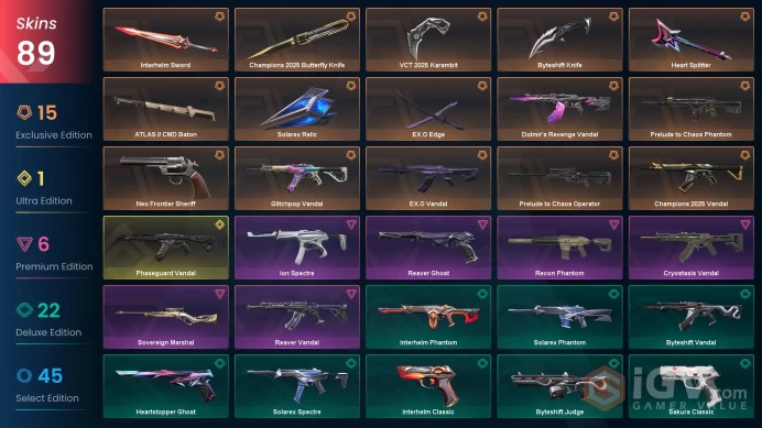 89 Skin // EU-TR // Champions + VCT + Glitchpop + Ex.O + Phaseguard + Chaos + Recon + Reaver + Ion + 8 Knife + MORE // FULL Access // Diamond 2