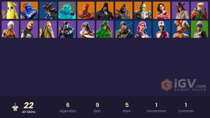 | PC/PSN/XBOX | 22 SKINS | Sentinel | Hybrid | Rox | Ruin | Blackheart | Fusion | Cameo vs Chic | Sidewinder | Vega | 200 VBUCKS | FT575 |