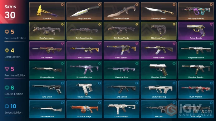 NA / 30 Skins / 4 Knives / Prime / Oni / Elderflame / Glitchpop / Couture / .EXE / Kingdom / Rush / Hivemind XB14