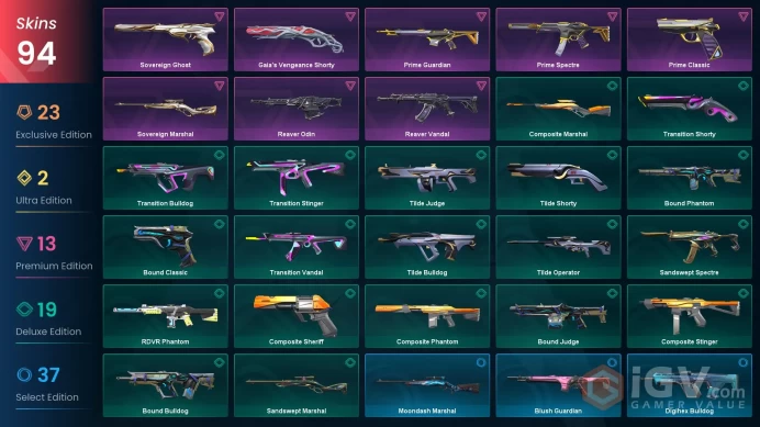 NA/USA 93300 VP Spent Ignite Fan Champions 2023 Bundle Champions 2023 Vandal Prosperity Prime Spectre Ruination Phantom Equilibrium Reaver Vanda