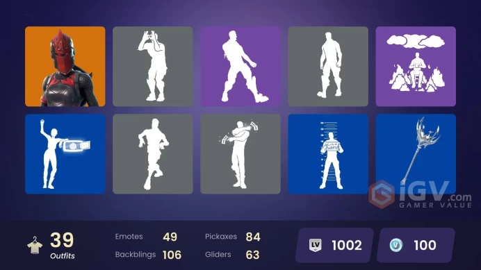 | PC/PSN/XBOX | 39 SKINS | Era | Mizuki | Renzo the Destroyer | Optimus Prime | Red Knight | Kado Thorne | Yuki Yubari | 100 VBUCKS | Fcul5 |
