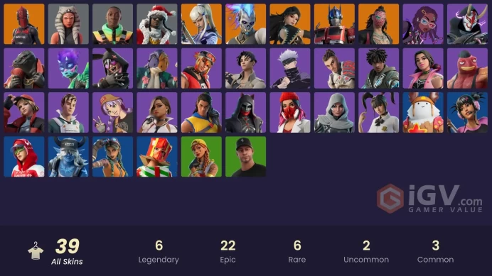 | PC/PSN/XBOX | 39 SKINS | Era | Mizuki | Renzo the Destroyer | Optimus Prime | Red Knight | Kado Thorne | Yuki Yubari | 100 VBUCKS | Fcul5 |