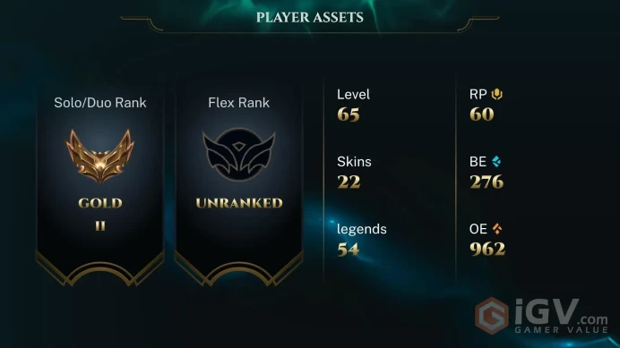 | LAS | 21 SKINS | GOLD 2 | 54 CHAMPIONS | 65 LEVEL | INSTANT DELIVERY | FULL ACCESS | FcoW7 |