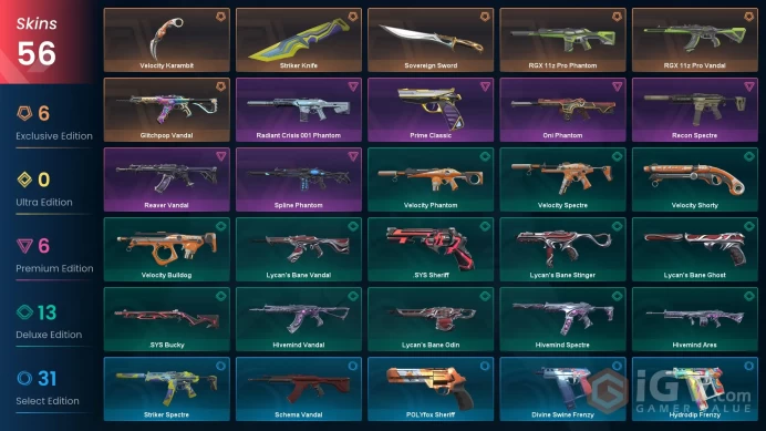 NA - Valorant Account - 80 Skins - RGX Reaver Glitchpop Oni - Level 79 - Unranked - 4 Knives - VY006