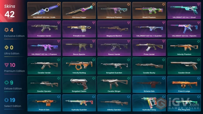 NA - Valorant Account - 65 Skins - Reaver Prime BlastX Glitchpop - Level 40 - Unranked - 4 Knives - VY010