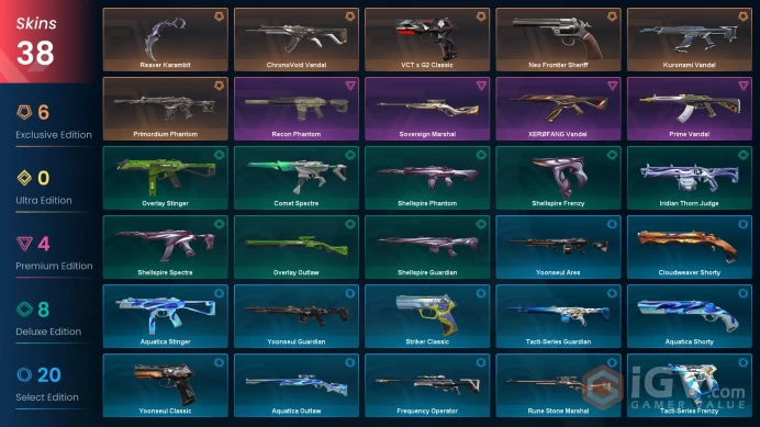 [EU] 38 SKINS | Kuronami Vandal | Primordium Phantom | ChronoVoid Vandal | VCT x G2 Classic | ~ 20,350 VP | Ranked Ready Inventory value | 