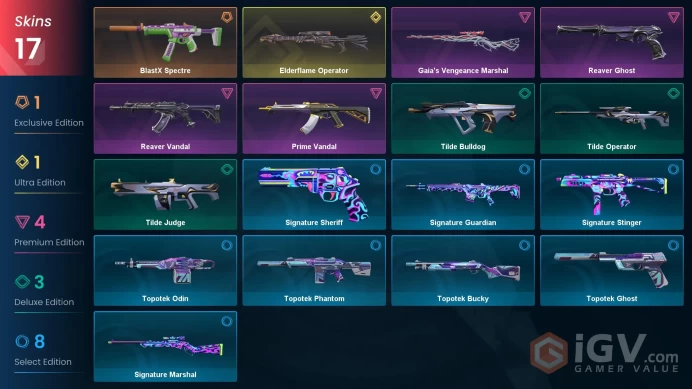 [EU] 17 SKINS | Elderflame Operator | BlastX Spectre | Gaia's Vengeance Marshal | Prime Vandal | ~ 11,750 VP Inventory value