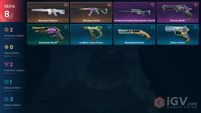 [ Asia-Pacific ] 8 SKINS | ~ 8,400 VP Inventory VAlue |  Spectrum Phantom Glitchpop Vandal Reaver Sheriff Gravitational Uranium 