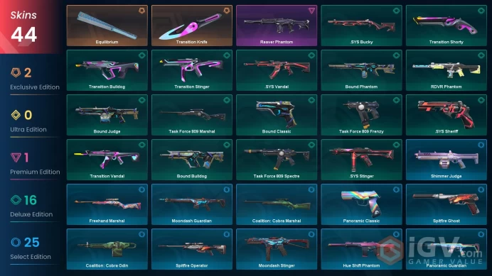 [EU] 44 SKINS | ~ 4,325 VP Inventory value | Equilibrium  | Transition Knife |  Reaver Phantom