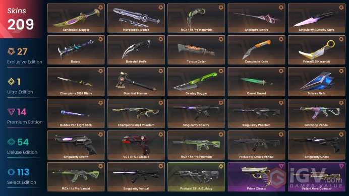 EU / 209 LUX SKINS (Champions 2024 Phantom+Singularity Vandal+Chaos Vandal) + 16 KNIVES (Singularity Butterfly Knife) / MAIL (FULL ACCESS)