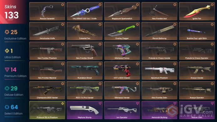 NA/USA 101715 VP Spent Ignite Fan Champions 2023 Vandal VALORANT GO! Vol. 1 Knife Neo Frontier PhantomPrelude to Chaos Vandal Prime Guardian Nep