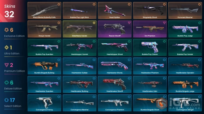 [EU]   3 Knifes | 32 skins | ~ 16,300 VP Inventory value |  Elderflame Vanda | Bubble Pop Light Stick | Kuronami Marshal | Singularity Ghost | 