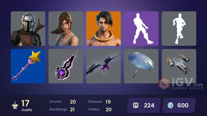 | PC/PSN/XBOX | 17 SKINS | Mandalorian | Raz | Predator | Menace | Kondor | Ruby Shadows | Lara Croft | Rebirth Raven | 600 VBUCKS | FdsN5 |