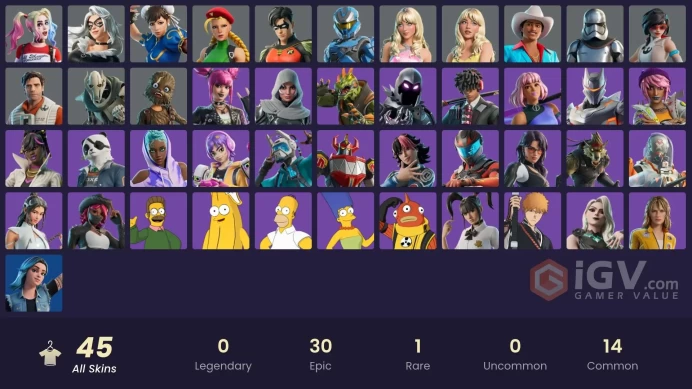 | PC/PSN/XBOX | 45 SKINS | Ayla Winn | Omen Hunter Calamity | Yon Dar 3000 | Wookiee Team Leader | Ned Flanders | Cammy | 0 VBUCKS | FdVz4 |