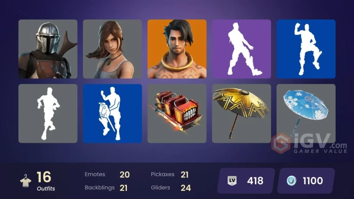 | PC/PSN/XBOX | 16 SKINS | Predator | Mandalorian | Menace | Raz | Reese | Mave | Tarana | Snowmando | Lexa | Lara Croft | 1100 VBUCKS | Fd3sp |