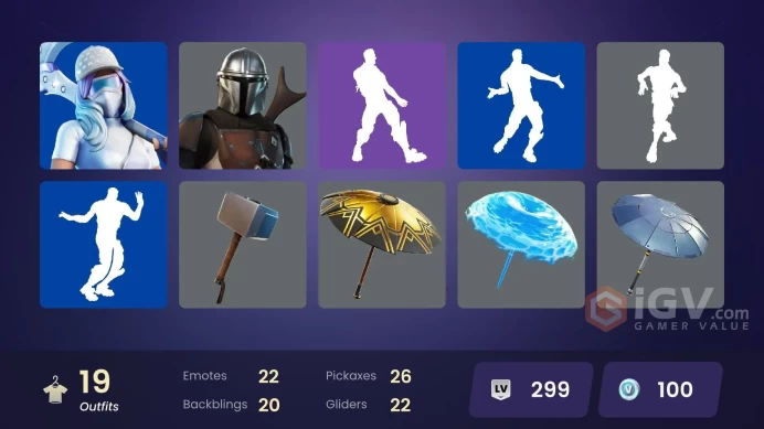 | PC/PSN/XBOX | 19 SKINS | Predator | Mandalorian | Fade | Kondor | Reese | Mancake | Groot | Lexa | Thor | Lt. Evergreen | 100 VBUCKS | FdeLi |