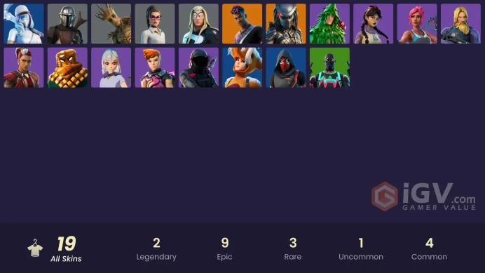 | PC/PSN/XBOX | 19 SKINS | Predator | Mandalorian | Fade | Kondor | Reese | Mancake | Groot | Lexa | Thor | Lt. Evergreen | 100 VBUCKS | FdeLi |