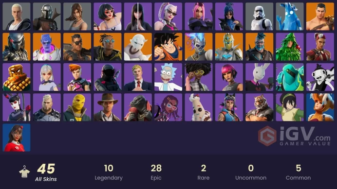 | PC/PSN | 45 SKINS | Omegarok | Spectra Knight | Predator | Mandalorian | Joey | Renzo the Destroyer | Menace | Kymera | 200 VBUCKS | FdrJE |