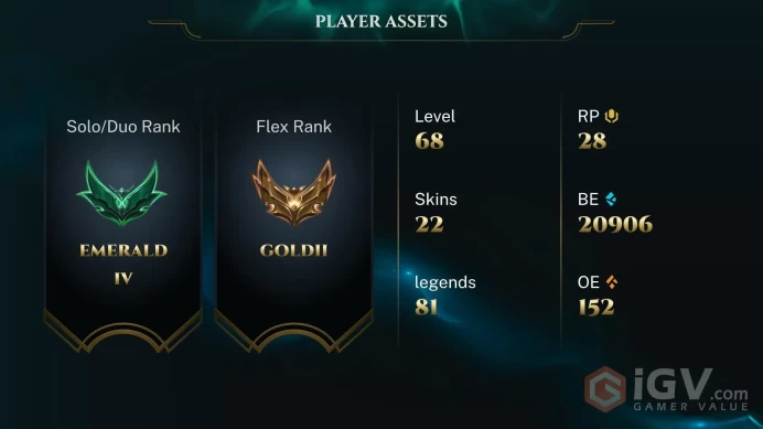 [EUW] S16 - SPLIT 1 - Emerald 4 27 LP Gain 62 WR - 22 Skins - Ranked Ready - Instant Delivery
