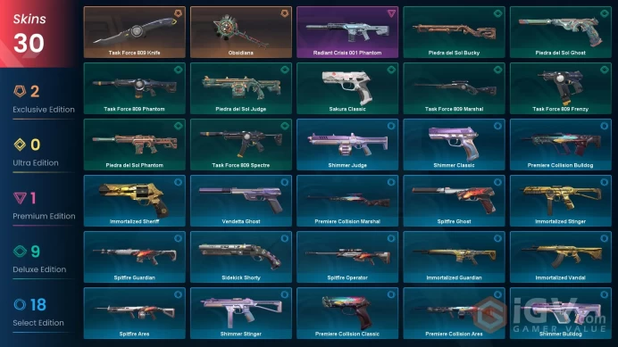 NA - Valorant Account - Radiant Crisis Phantom - Level 125 - Platinum Peak - 30 Skins - Unranked - VY027