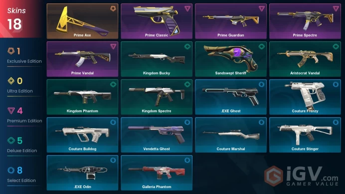 NA - Valorant Account - Prime Vandal + Full Prime Set + Prime Axe - Gold Peak - 30 Skins - Unranked - VY029