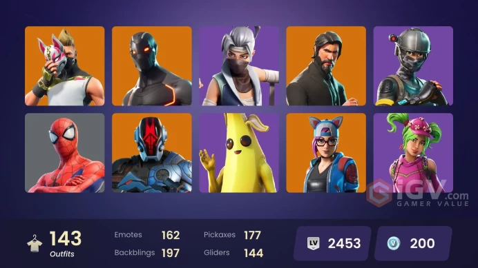 PC/PSN/Xbox/Nintendo 143 skins | The Reaper | Elite Agent | FNCS Renegade | Rogue Agent | Valeria | Carbide | Omega | Blackheart | The Visitor |