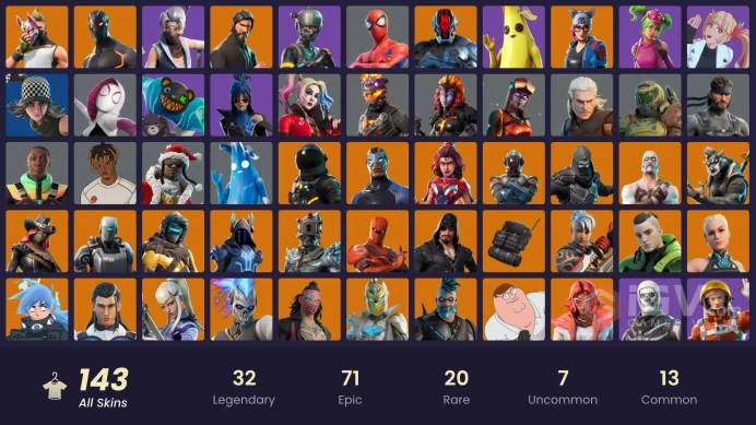 PC/PSN/Xbox/Nintendo 143 skins | The Reaper | Elite Agent | FNCS Renegade | Rogue Agent | Valeria | Carbide | Omega | Blackheart | The Visitor |