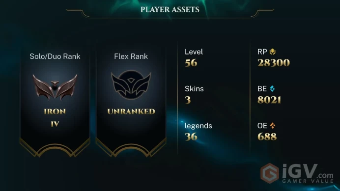 North America HANDLVL'D IRON 4 ( 3 WINS, 33 LOSSES ) + 28000 RP's + BE:8K + 36 CHAMPS + FULL ACCESS + Instant Delivery + A043