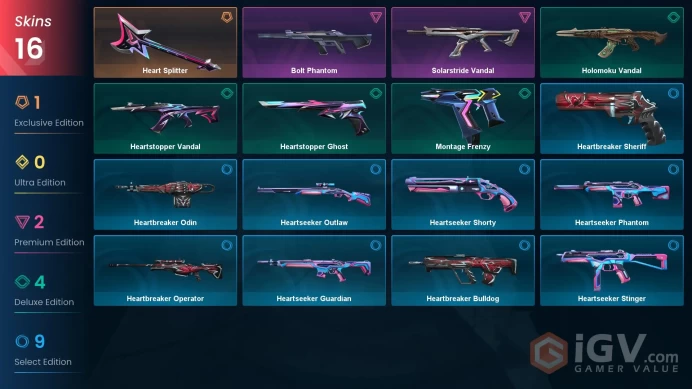 AP | 16 skins | Heart Splitter | Bolt Phantom | Solarstride Vandal | Heartstopper Ghost | Heartstopper Vandal | Holomoku Vandal | V7550