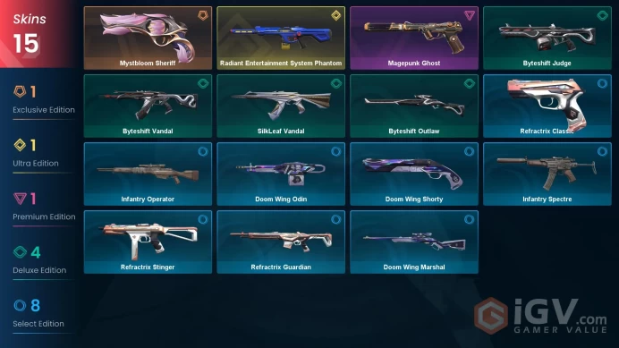EU | 15 skins | Radiant Entertainment System Phantom | Magepunk Ghost | Mystbloom Sheriff | SilkLeaf Vandal | Byteshift Outlaw | O4086