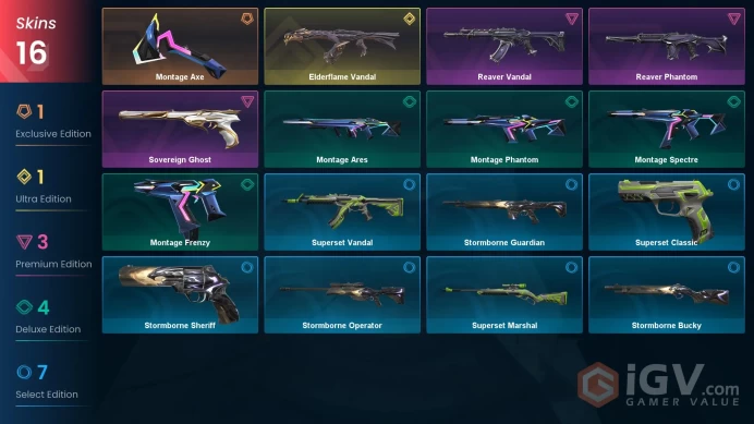 EU | 16 skins | Elderflame Vandal | Reaver Vandal | Montage Axe | Reaver Phantom | Sovereign Ghost | Montage Frenzy | Montage Phantom | H2997