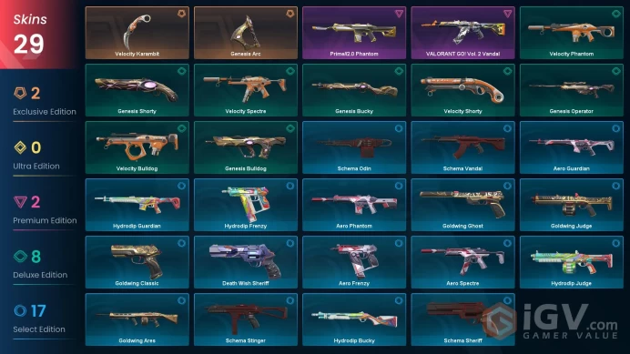 AP | 29 skins | VALORANT GO! Vol. 2 Vandal | Genesis Arc | Velocity Karambit | Prime//2.0 Phantom | Velocity Shorty | Velocity Bulldog | V5032