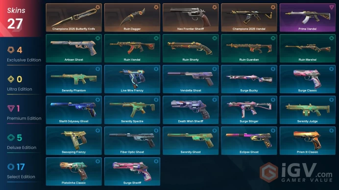 EU | 27 skins | Champions 2025 Butterfly Knife | Champions 2025 Vandal | Neo Frontier Sheriff | Prime Vandal | Ruin Dagger | E8504