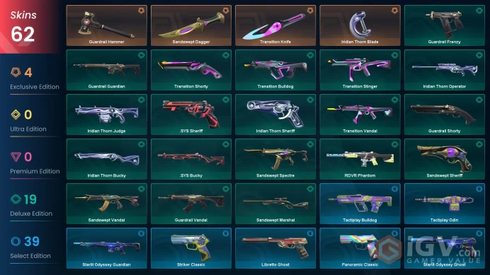 EU ╳︎ 62 SKINS ╳︎ 4 KNIFE ╳︎ RDVR PHANTOM ╳︎ VANDAL ╳︎ SANDSWEPT DAGGER ╳︎ GUARDRAIL HAMMER ╳︎ TRANSITION KNIFE ╳︎ SANDSWEPT SHERIFF