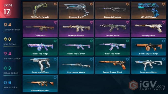 EU / 17 Skins / RGX 11z Pro Karambit / Forsaken Vandal / Kuronami Sheriff / Oni Phantom / VCT x LEV Classic / V94