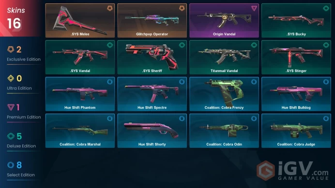 EU / 15 Skins / Origin Vandal / .SYS Melee + Sheriff + Vandal + Bucky + Stinger / Glitchpop Operator / V96