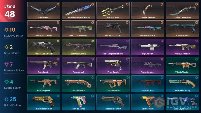 EU / 48 Skins / Velocity Karambit / Helix Daggers / Forsaken Ritual Blade / Yoru's Stylish Butterfly Comb / Mystbloom Operator / V98