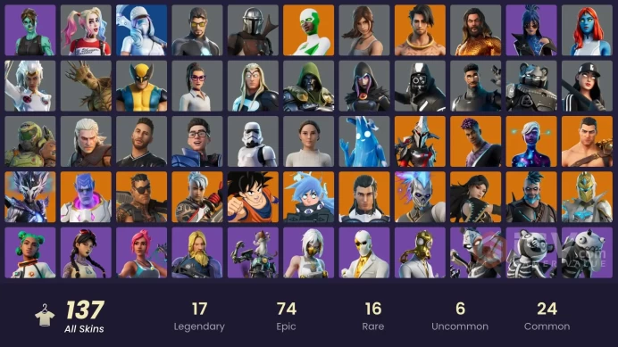 (PC PSN XBOX) 137 skins | Tiki Tackler | Galaxy Scout | Fade | Raz | Nezumi | Son Goku | Eternal Knight | Era | Kymera | Menace | Renzo the Dest