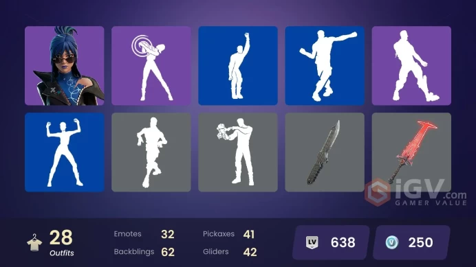 | PC/PSN/XBOX | 28 SKINS | The Ageless | Nezumi | Peter Griffin | Spectra Knight | Valeria | Omegarok | Selene | Helsie | 250 VBUCKS | FeTS9 |