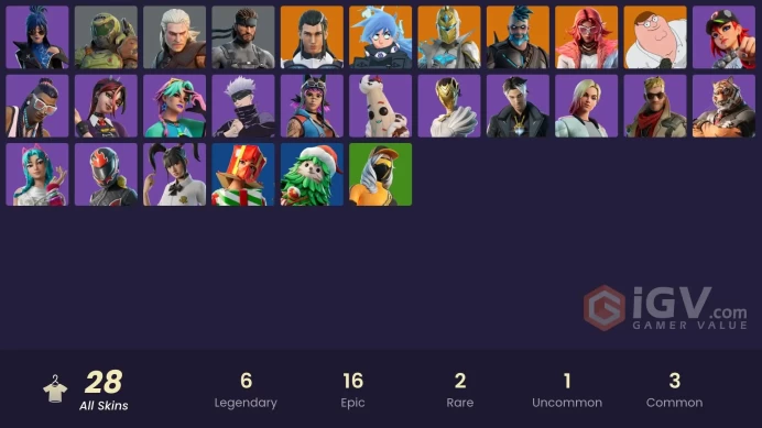 | PC/PSN/XBOX | 28 SKINS | The Ageless | Nezumi | Peter Griffin | Spectra Knight | Valeria | Omegarok | Selene | Helsie | 250 VBUCKS | FeTS9 |